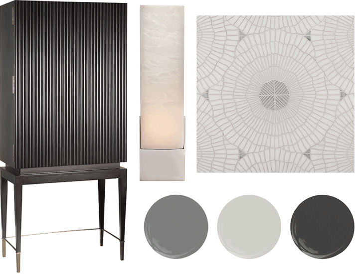 CAI Designs bar cabinet, City Lights Detroit wall sconce, Ann Sacks floor tile, Sherwin-Williams paint
