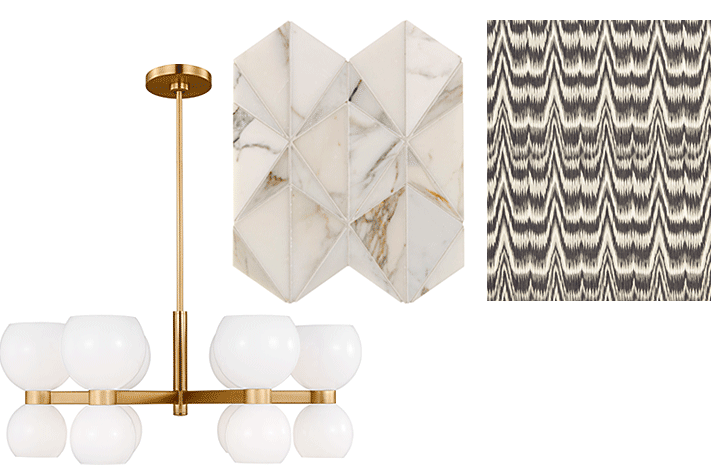 City Lights Detroit, lighting; Ann Sacks backsplash tile; Schumacher Roman shade fabric.