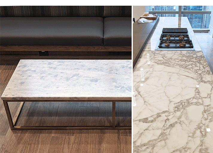 Stone table with satin TuffSkin protection and marble countertop with gloss TuffSkin